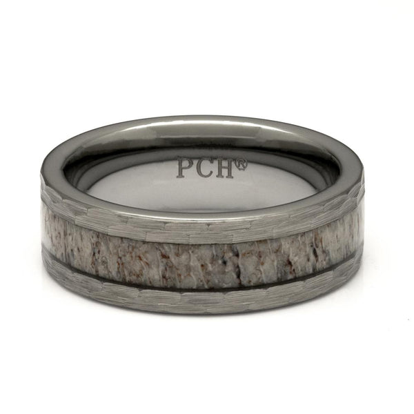 Men's Deer Antler Ring With Hammered Finish, 8mm Comfort Fit Band - PCH Rings