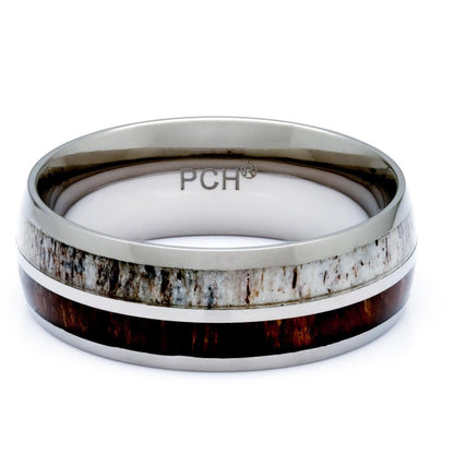Tungsten Deer Antler Ring With Hawaiian Koa Wood Inlay, 8mm Comfort Fit Wedding Band - PCH Rings