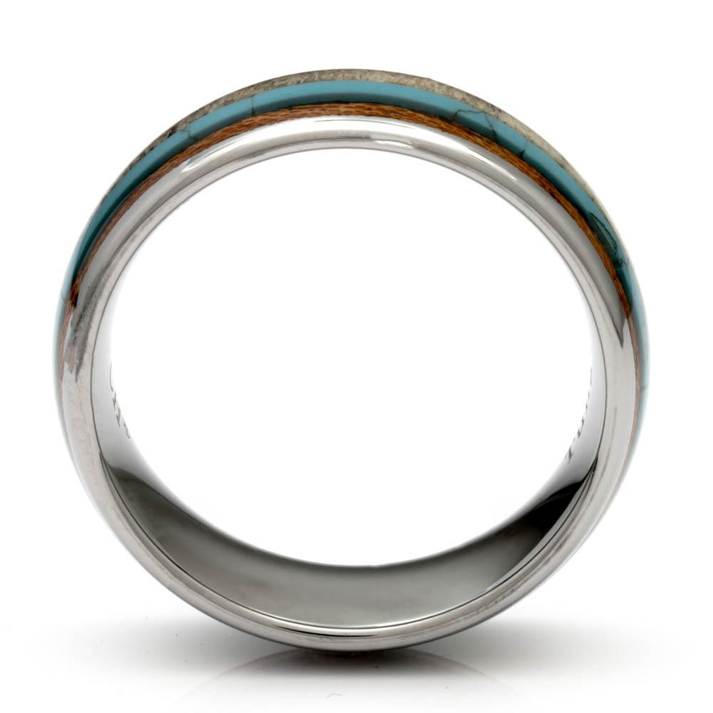 Tungsten Antler Ring With Turquoise and Koa Wood Inlay, 8mm Comfort Fit Wedding Band - PCH Rings