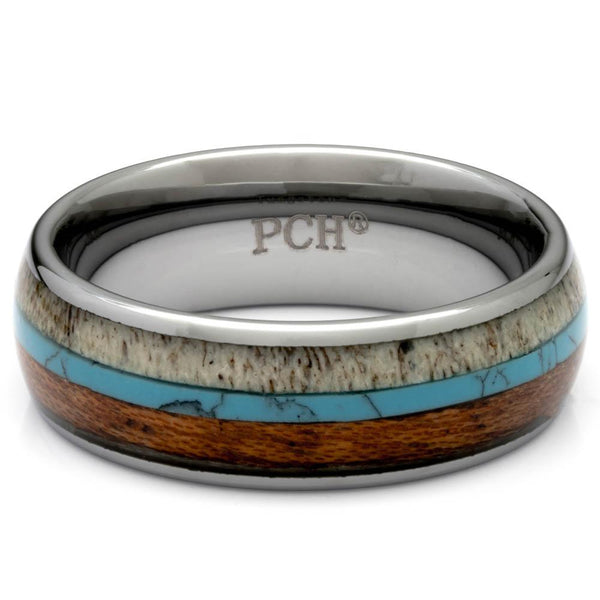 Tungsten Antler Ring With Turquoise and Koa Wood Inlay, 8mm Comfort Fit Wedding Band - PCH Rings