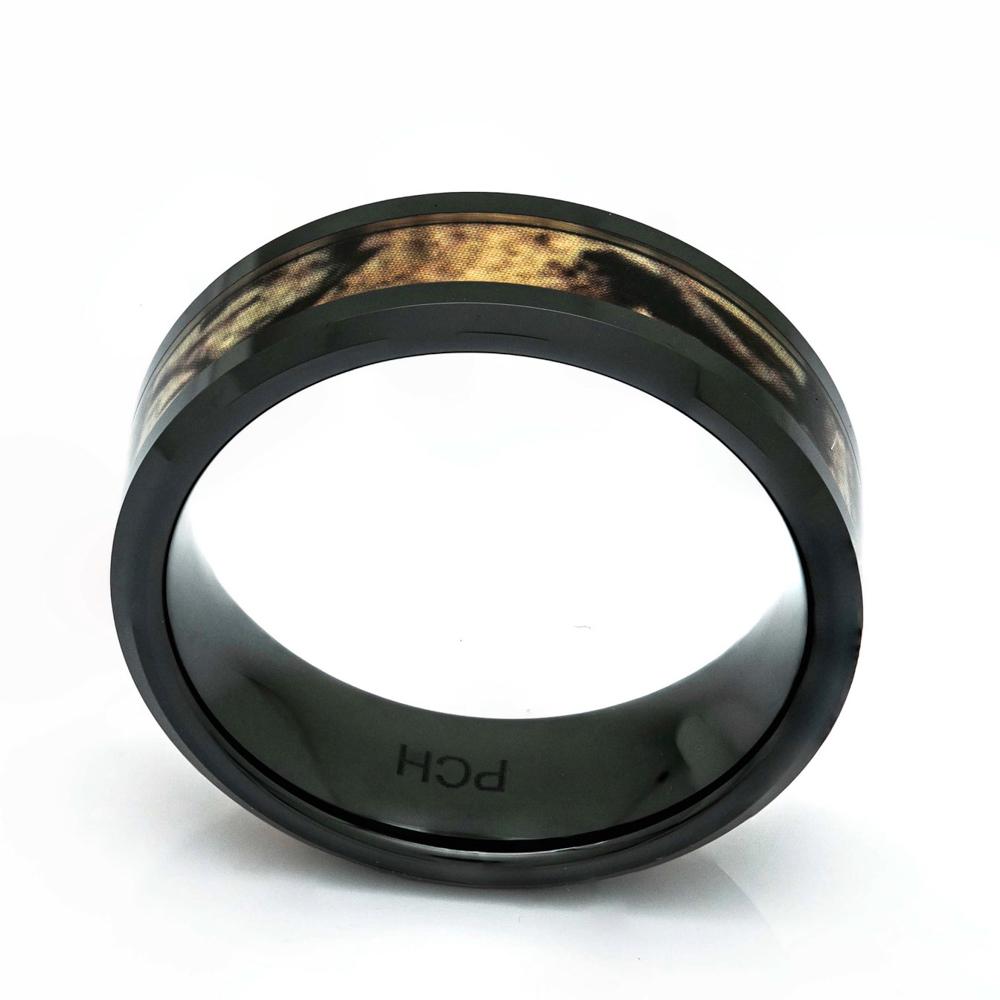 Black Ceramic Camo Ring, 8mm Comfort Fit Wedding Band - PCH Rings
