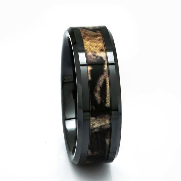 Black Ceramic Camo Ring, 8mm Comfort Fit Wedding Band - PCH Rings