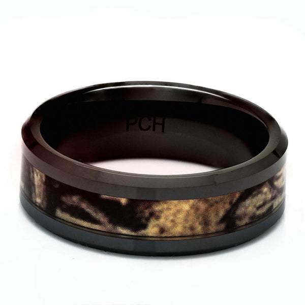 Black Ceramic Camo Ring, 8mm Comfort Fit Wedding Band - PCH Rings