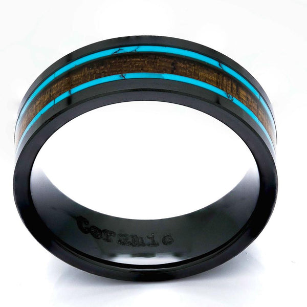 Black Ceramic Wood Ring With Turquoise Inlay, 8mm Comfort Fit Wedding Band - PCH Rings