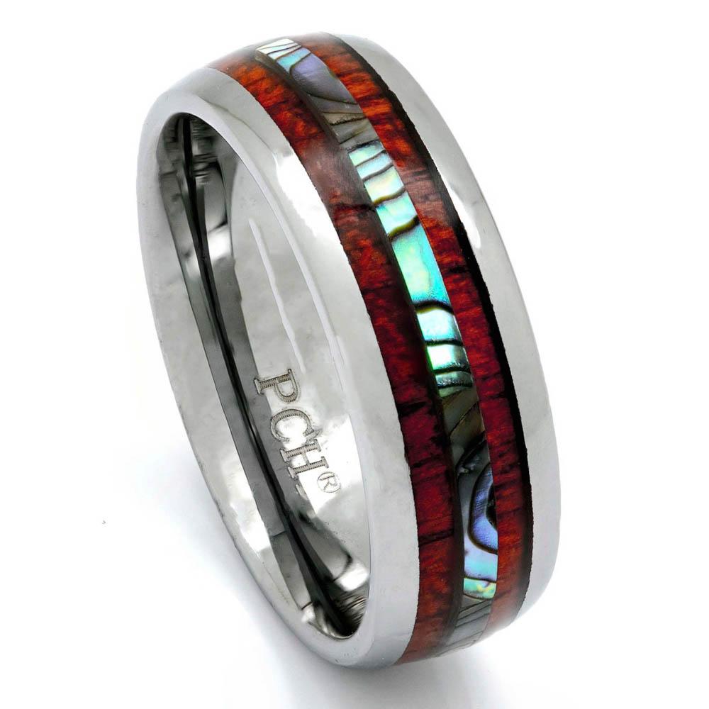 Tungsten Koa Wood Ring With Abalone Inlay, 8mm Comfort Fit Wedding Band