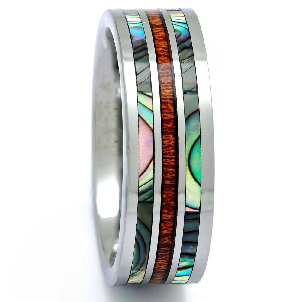 Tungsten Wood Ring With Abalone Shell Inlay, 8mm Comfort Fit Wedding Band