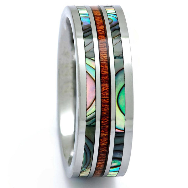 Tungsten Wood Ring With Abalone Shell Inlay, 8mm Comfort Fit Wedding Band - PCH Rings