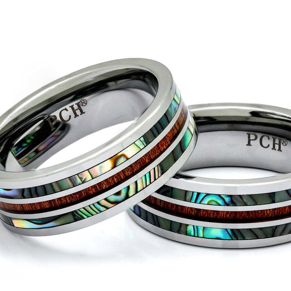 Tungsten Wood Ring With Abalone Shell Inlay, 8mm Comfort Fit Wedding Band - PCH Rings