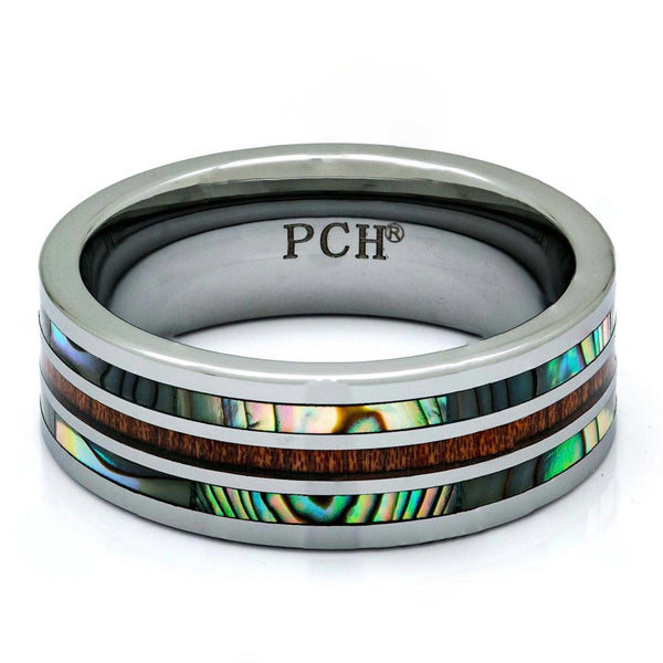 Tungsten Wood Ring With Abalone Shell Inlay, 8mm Comfort Fit Wedding Band - PCH Rings