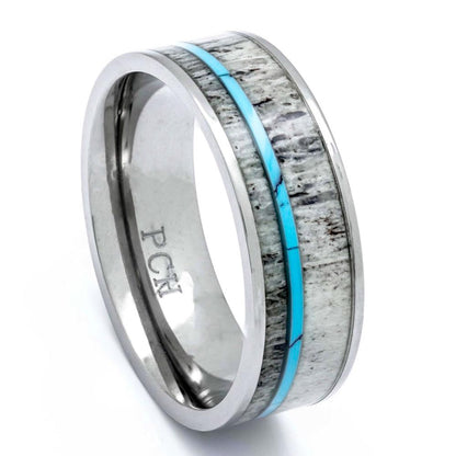 Titanium Deer Antler Ring With Turquoise Inlay, 8mm Comfort Fit Wedding Band - PCH Rings