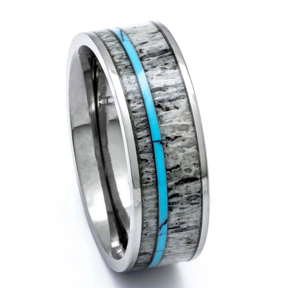 Titanium Deer Antler Ring With Turquoise Inlay, 8mm Comfort Fit Wedding Band - PCH Rings
