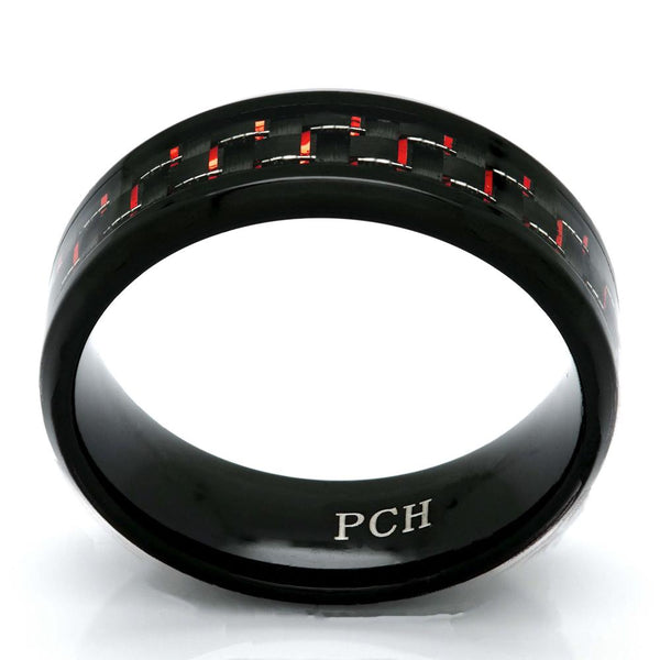 Men's Black Titanium Ring With Red and Black Carbon Fiber, 8mm Comfort Fit Wedding Band - PCH Rings