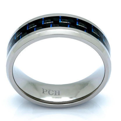 Titanium Ring With Blue Carbon Fiber Inlay, 8mm Comfort Fit Wedding Band - PCH Rings