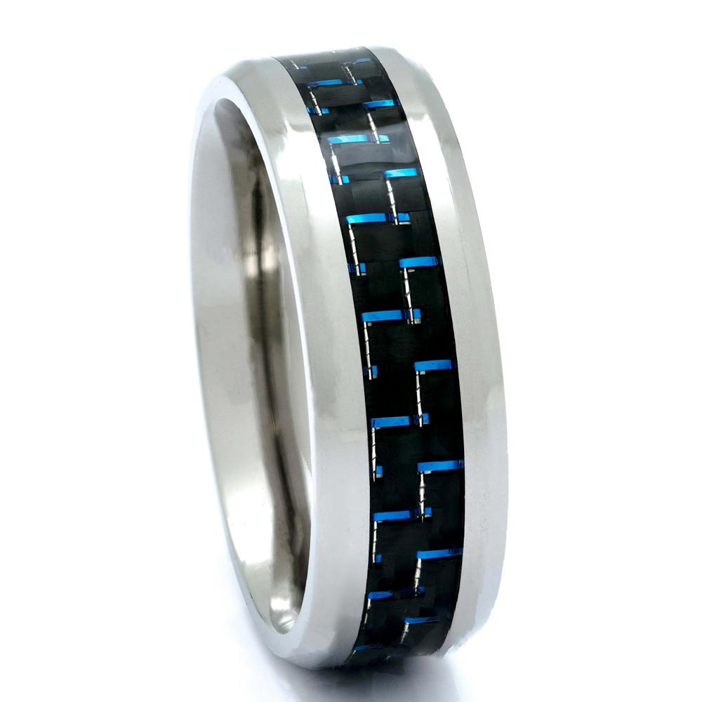 Titanium Ring With Blue Carbon Fiber Inlay, 8mm Comfort Fit Wedding Band - PCH Rings