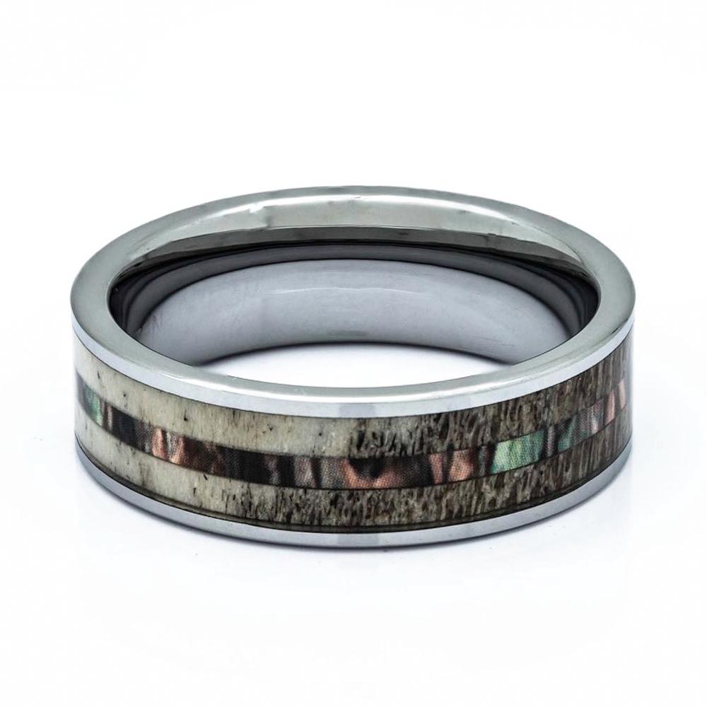Deer Antler Ring With Camouflage Inlay, Titanium Ring, 8mm Comfort Fit Wedding Band - PCH Rings