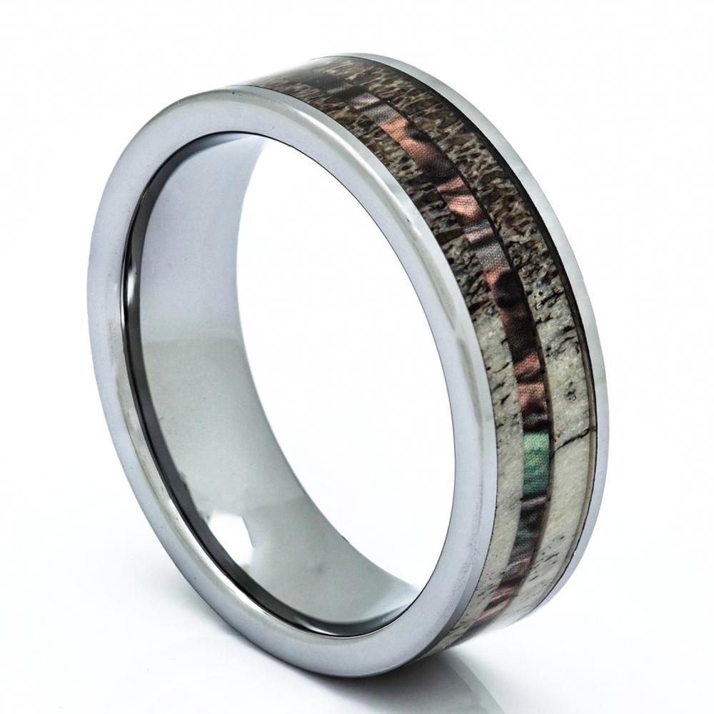 Deer Antler Ring With Camouflage Inlay, Titanium Ring, 8mm Comfort Fit Wedding Band - PCH Rings