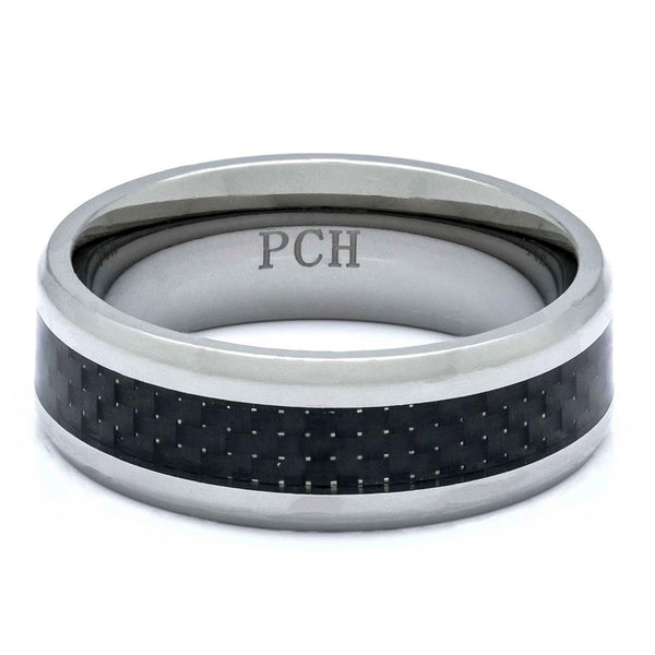 Men's Titanium Ring With Black Carbon Fiber Inlay, 8mm Comfort Fit Wedding Band - PCH Rings