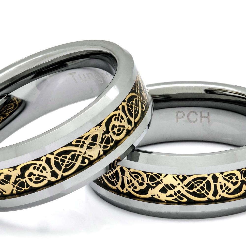 Men's Tungsten Ring With Celtic Pattern Inlay, 8mm Comfort Fit Wedding Band - PCH Rings