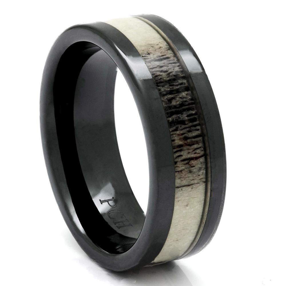 Men's Deer Antler Ring in Black Ceramic, 8mm Comfort Fit Wedding Band - PCH Rings