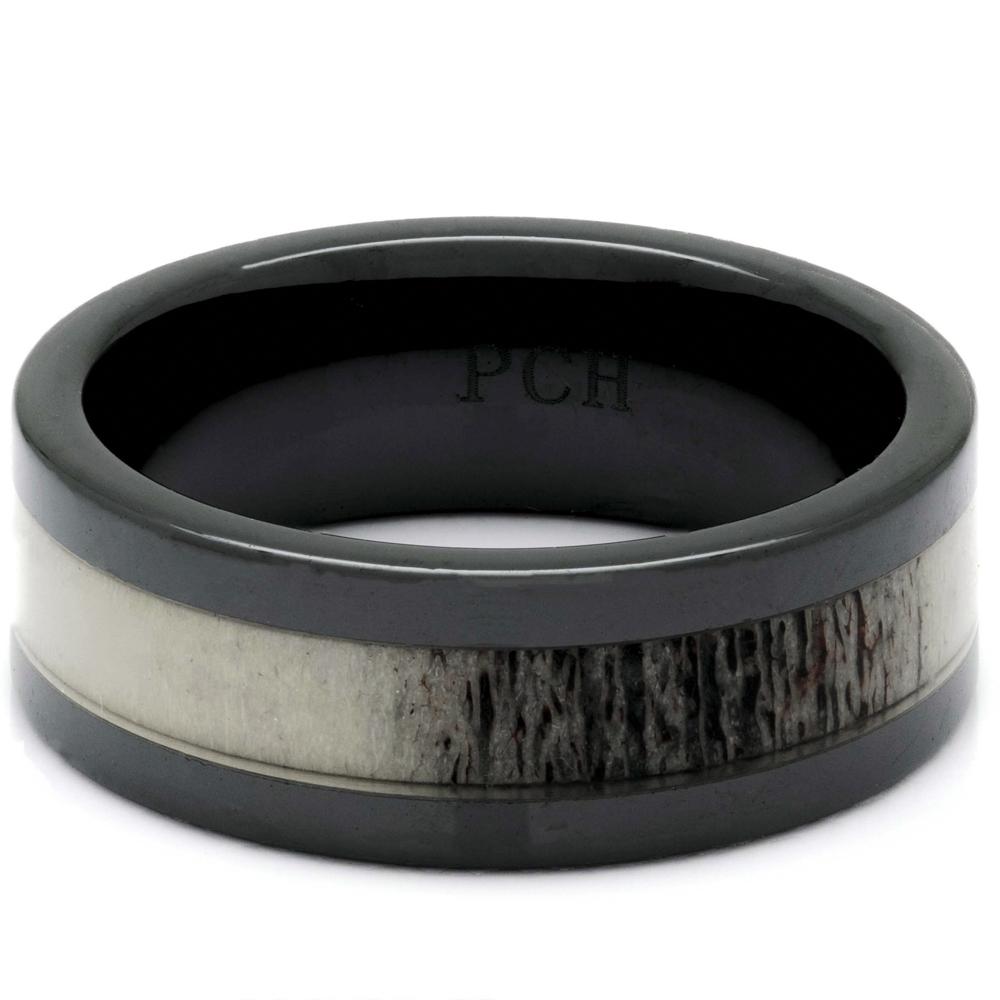 Men's Deer Antler Ring in Black Ceramic, 8mm Comfort Fit Wedding Band - PCH Rings