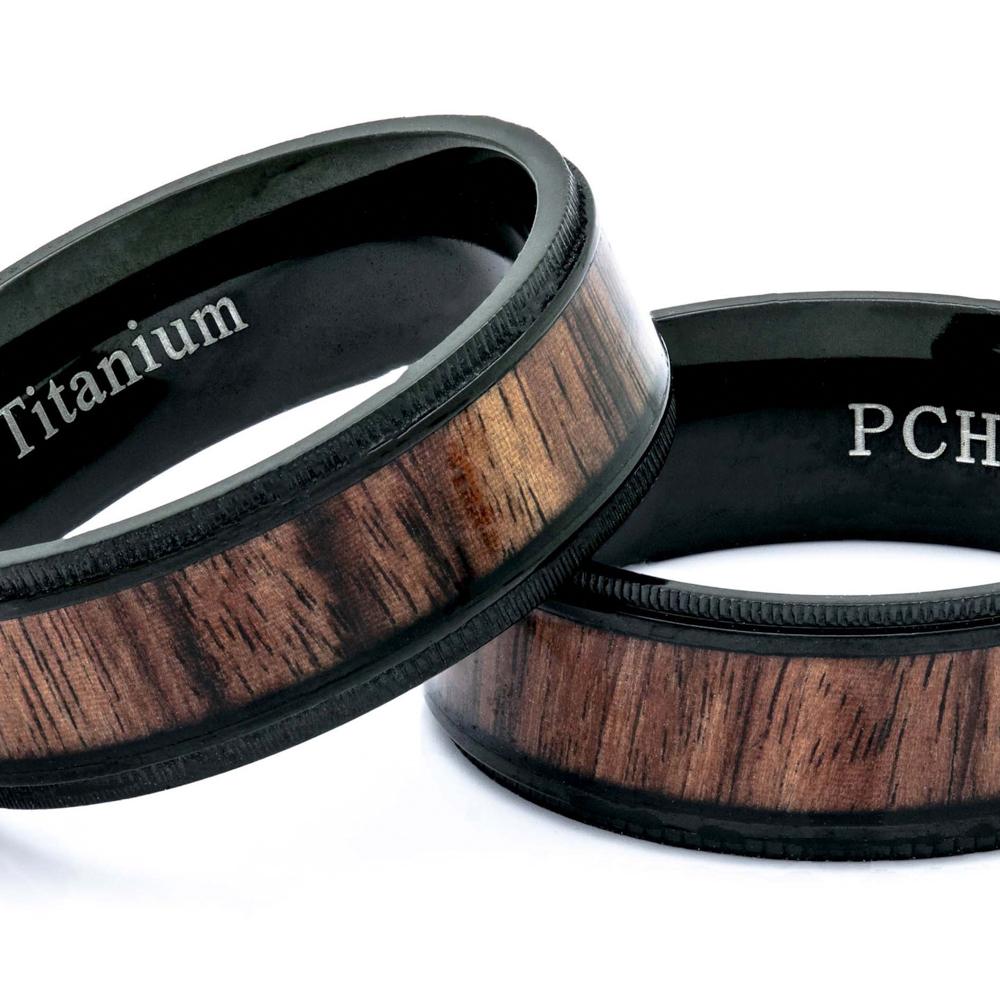 Titanium Koa Wood Ring, Black Titanium, 8mm Comfort Fit Wedding Band - PCH Rings