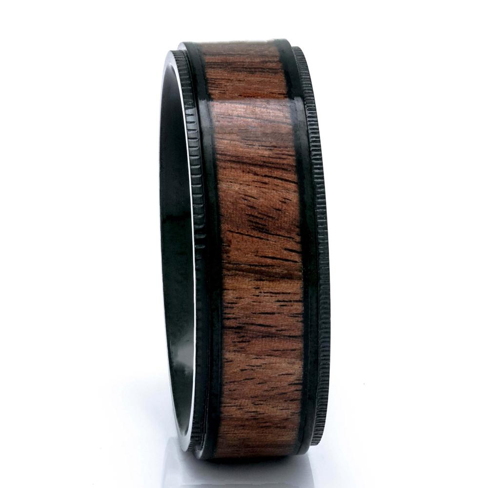 Titanium Koa Wood Ring, Black Titanium, 8mm Comfort Fit Wedding Band - PCH Rings