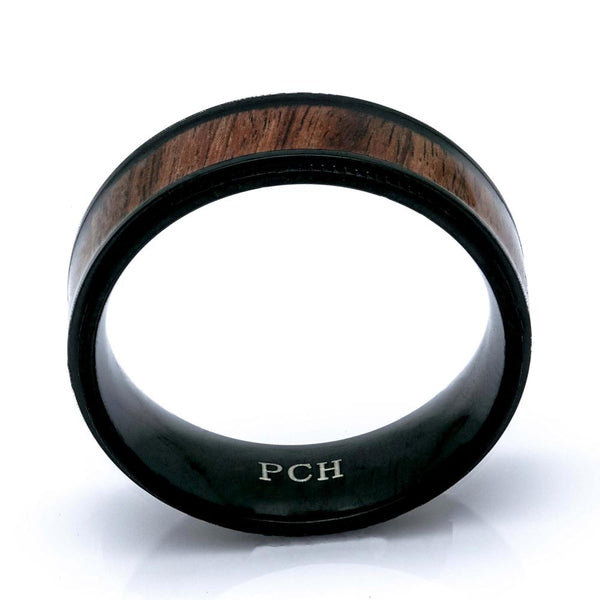 Titanium Koa Wood Ring, Black Titanium, 8mm Comfort Fit Wedding Band - PCH Rings