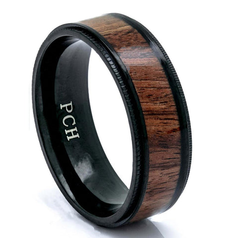 Titanium Koa Wood Ring, Black Titanium, 8mm Comfort Fit Wedding Band - PCH Rings