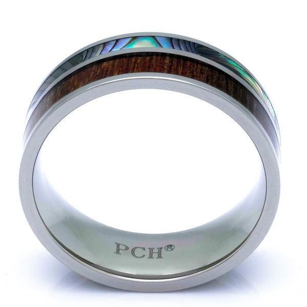 Titanium Koa Wood Ring With Abalone Inlay, 8mm Comfort fit Wedding Band - PCH Rings