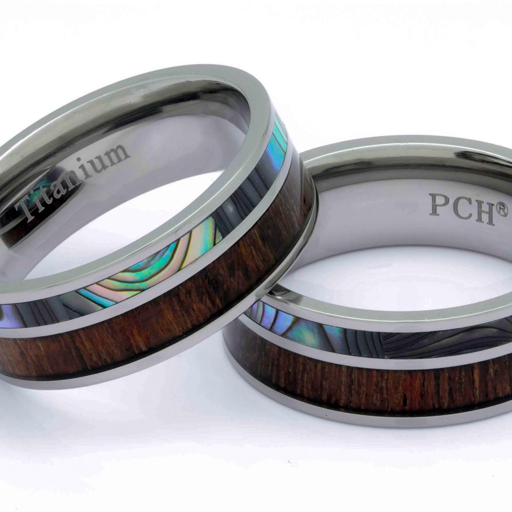 Titanium Koa Wood Ring With Abalone Inlay, 8mm Comfort fit Wedding Band - PCH Rings