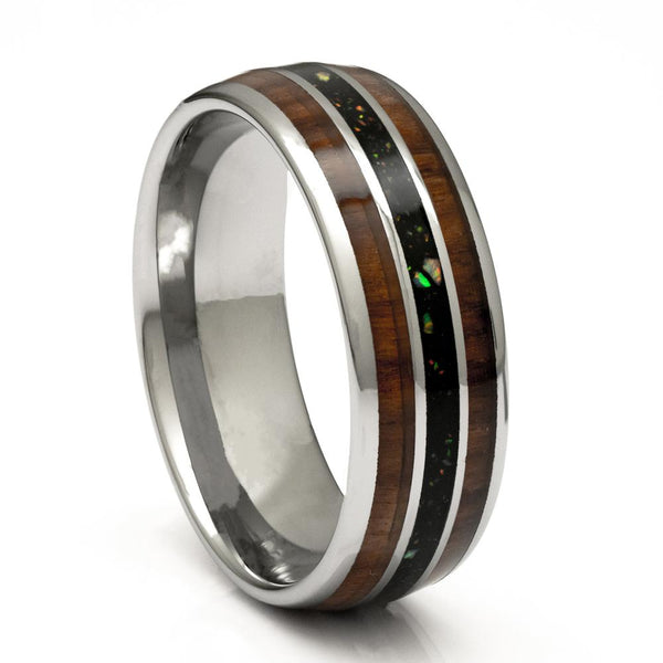 Tungsten Ring With Wood and Opal Inlay, 8mm Comfort Fit Wedding Band - PCH Rings