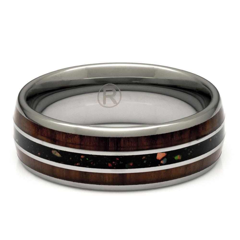 Tungsten Ring With Wood and Opal Inlay, 8mm Comfort Fit Wedding Band - PCH Rings