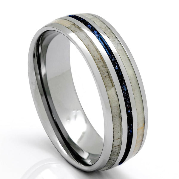 Tungsten Deer Antler Ring With Blue Lapis Inlay, 8mm Comfort Fit Wedding Band - PCH Rings