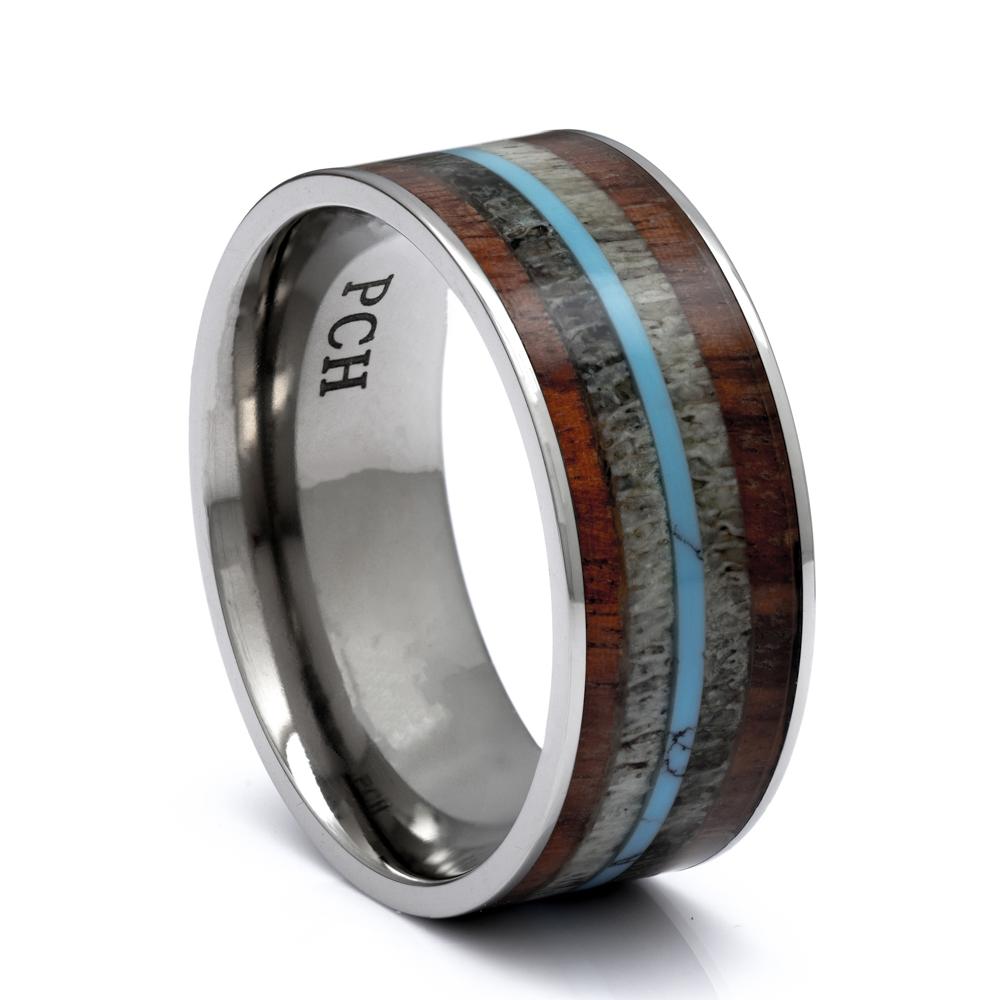 Titanium Ring With Deer Antler, Koa Wood and Turquoise, 9mm Comfort Fit Wedding Band - PCH Rings