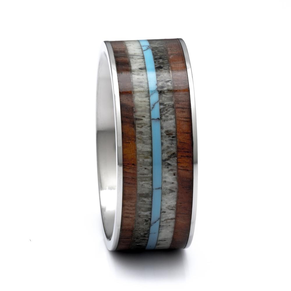 Titanium Ring With Deer Antler, Koa Wood and Turquoise, 9mm Comfort Fit Wedding Band - PCH Rings