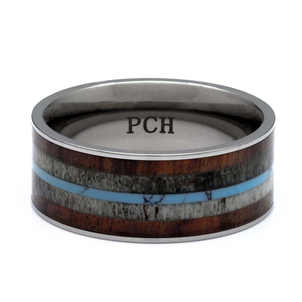 Titanium Ring With Deer Antler, Koa Wood and Turquoise, 9mm Comfort Fit Wedding Band - PCH Rings