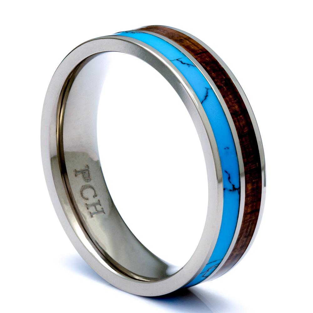 Hawaiian Koa Wood Ring With Turquoise Inlay, Titanium 6mm Comfort Fit Wedding Band - PCH Rings