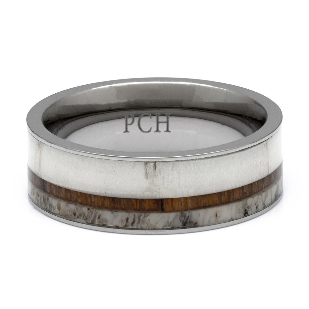 Titanium Deer Antler Ring With Koa Wood Inlay, 8mm Comfort Fit Wedding Band - PCH Rings