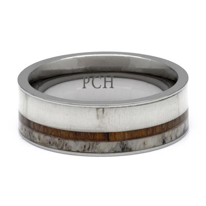 Titanium Deer Antler Ring With Koa Wood Inlay, 8mm Comfort Fit Wedding Band - PCH Rings