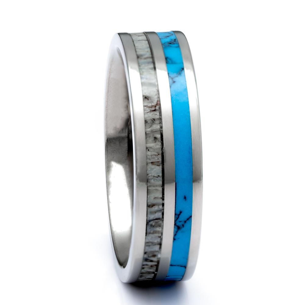 Titanium Deer Antler ring With Turquoise Inlay, 6mm Comfort Fit Wedding Band - PCH Rings