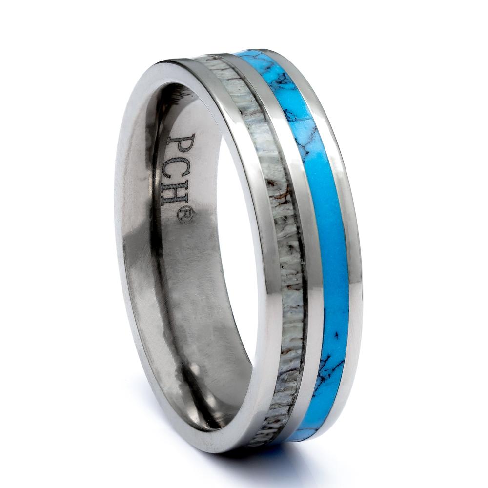 Titanium Deer Antler ring With Turquoise Inlay, 6mm Comfort Fit Wedding Band - PCH Rings
