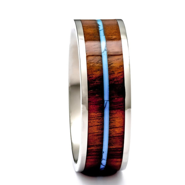 Titanium Ring With Hawaiian Koa Wood Inlay and Turquoise, 8mm Comfort Fit - PCH Rings