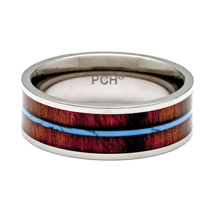 Titanium Ring With Hawaiian Koa Wood Inlay and Turquoise, 8mm Comfort Fit - PCH Rings