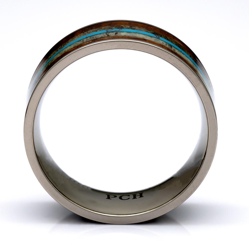 Titanium Ring With Deer Antler, Koa Wood and Turquoise, 9mm Comfort Fit Wedding Band - PCH Rings