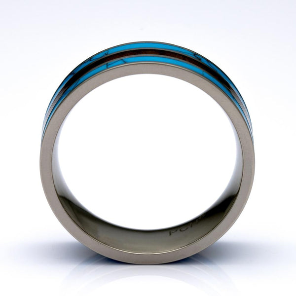Men's Titanium ring With Koa Wood And Turquoise Inlay, 8mm Comfort Fit Wedding Band - PCH Rings
