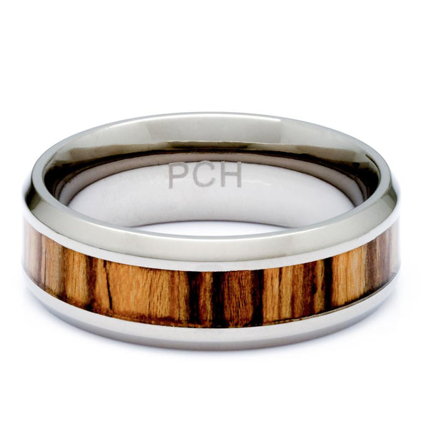 Titanium Ring With Zebra Wood Inlay, 8mm Comfort Fit Wedding Band - PCH Rings