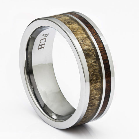 Men's Deer Antler Ring In Tungsten With Koa Wood Inlay, 8mm Comfort Fit Wedding Band - PCH Rings