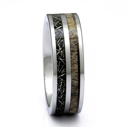 Men's Tungsten Ring With Deer Antler and Meteorite Inlay, 8mm Comfort Fit Wedding Band - PCH Rings