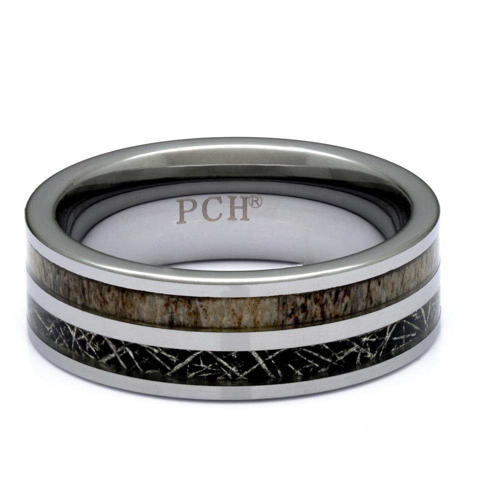 Men's Tungsten Ring With Deer Antler and Meteorite Inlay, 8mm Comfort Fit Wedding Band - PCH Rings