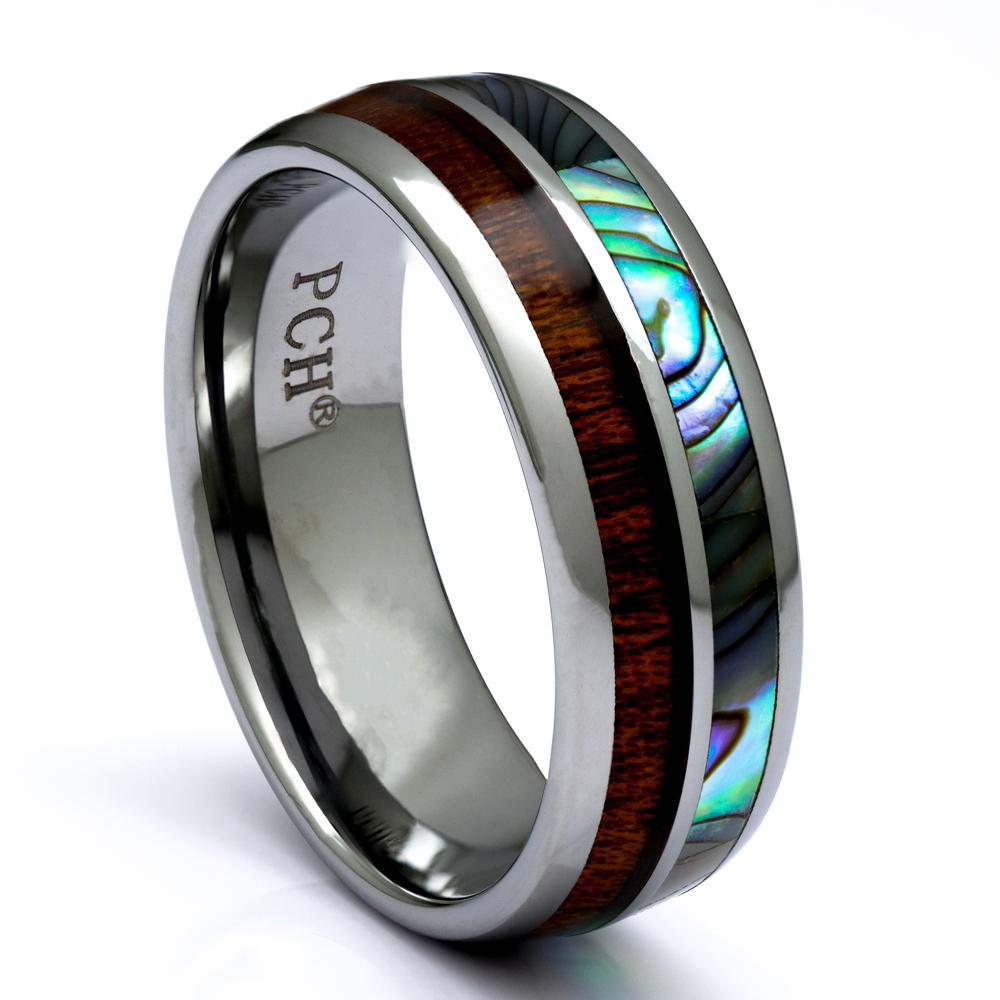 Mens Tungsten Wood Ring with Abalone and Koa Wood, 8mm Comfort Fit Wedding Band - PCH Rings